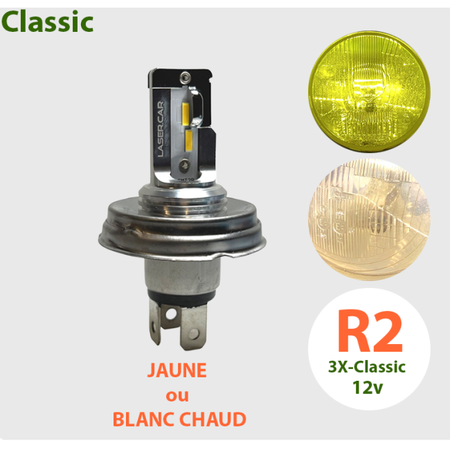 Ampoule à LED R2 CE H5 Code Europeen 12V Code/Phare blanche ou jaune