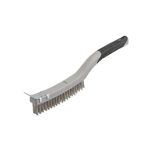 handled brush with stainless steel bristles and scraper
